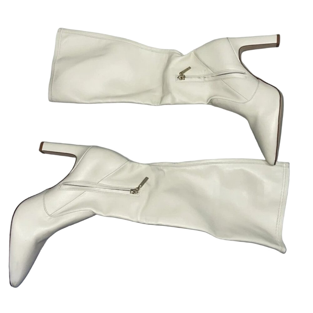 Larroude Women's Christy Heeled Leather Boots Iced Ivory Size 10 (Preowned)